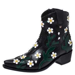 حذاء بوت فالنتينو كاوبوي مقدمة مدببة جلد مطرزة زهور أسود مقاس 39
