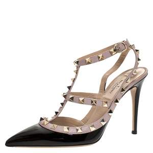 Pre Owned Valentino Black/Beige Patent Leather And Leather Rockstud Ankle Strap Sandals Size 37