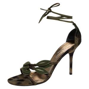 Pre Owned Valentino Green/Black Fabric And Suede Leaf Ankle Tie Up Sandals Size 39.5