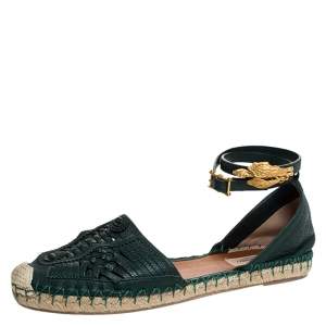 Pre Owned Valentino Green Leather Espadrilles  Ankle Wrap Flat Sandals Size 40