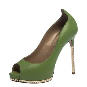 Pre Owned Valentino Green Leather Peep Toe Platform Pumps Size 36