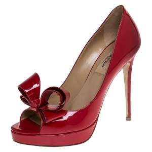 Pre Owned Valentino Red Patent Leather Bow Peep Toe Platform Pumps Size 38.5