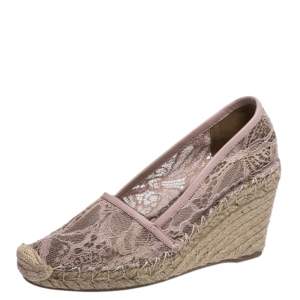 Pre Owned  Valentino Light Pink Floral Lace Espadrille Wedge Pumps Size 36
