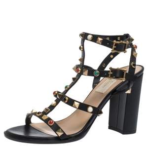 Pre Owned Valentino Black Leather Caged Studded Ankle Strap Sandals Size 37
