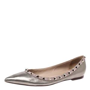 Pre Owned Valentino Metallic Bronze Leather Rockstud Ballet Flats Size 40