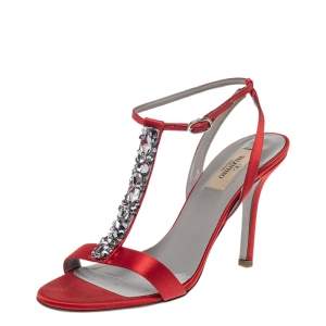 Pre Owned Valentino Red Satin Crystal Embellished T Strap Sandals Size 37