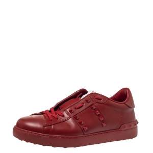 Pre Owned Valentino Red Leather Rockstud Untitled Rosso Low Top Sneakers Size 41