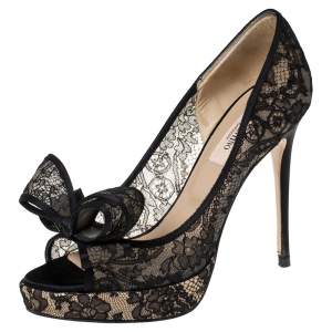 Pre Owned Valentino Black Floral Couture Lace Bow Peep Toe Platform Pumps Size 36