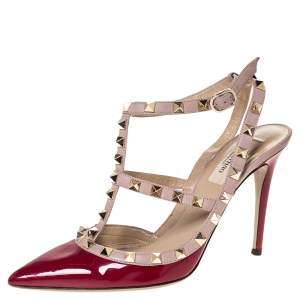 Pre Owned Valentino Burgundy Patent Leather Rockstud Ankle Strap Sandals Size 38.5