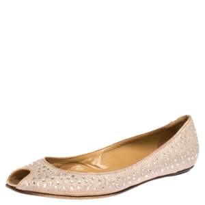 Valentino Pink Embellished Glitter Fabric Peep Toe Ballet Flats Size 39