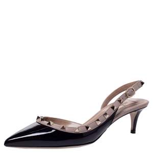 Pre Owned Valentino Black Patent Leather Rockstud Slingback Sandals Size 39