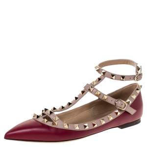 Pre Owned Valentino Burgundy Leather Rockstud Ankle Strap Ballet Flats Size 37