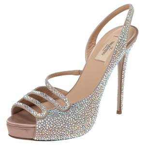 Pre Owned Valentino Beige Crystal Embellished Suede Leather Platform Slingback Sandals Size 39
