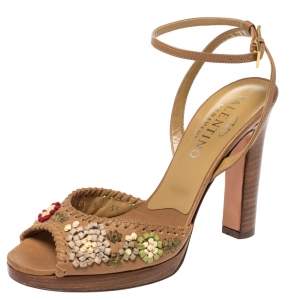 Pre Owned Valentino Tan Floral Applique Leather Wooden Heel Ankle Strap Sandals Size 35