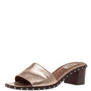 Pre Owned Valentino Metallic Bronze Leather Soul Rockstud Slide Sandals Size 39