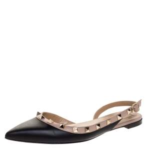 Pre Owned Valentino Black Leather Rockstud Slingback Ballet Flat Size 37.5