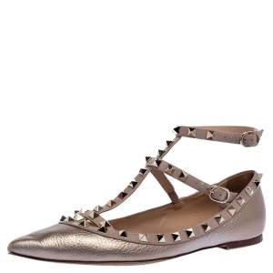 Pre Owned Valentino Metallic Bronze Leather Rockstud Ballet Flats Size 39.5