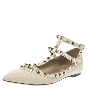 Pre Owned Valentino Off White Leather Rockstud Ankle Strap Ballet Flats Size 37.5