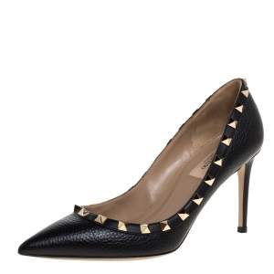 Pre Owned Valentino Black Leather Rockstud Pointed Toe Pumps Size 37.5 