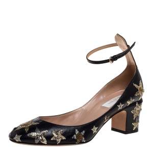 Pre Owned Valentino Black Leather Star Embroidered Tango Pumps Size 39.5