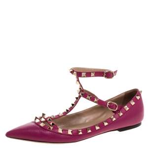Pre Owned Valentino Pink Leather Rockstud Ankle Cuff Ballet Flats Size 37.5