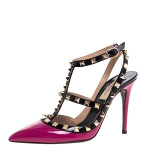Valentino Pink/Black Patent Leather Rockstud Strappy Sandals Size 36.5