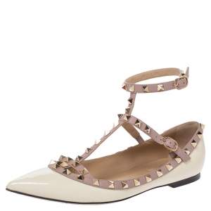 Pre Owned Valentino White Patent Leather Rockstud Strappy Ballet Flats Size 39