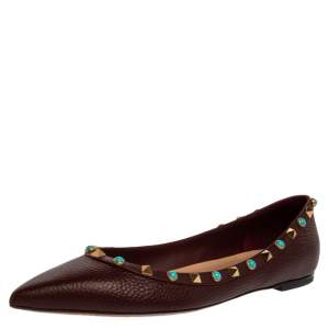 مملوكة مسبقًا Valentino Burgundy Leather Rockstud Ballet Flats Size 40.5