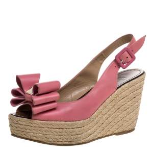Pre Owned Valentino Pink Leather Studded Bow Espadrille Platform Wedge Sandals Size 38