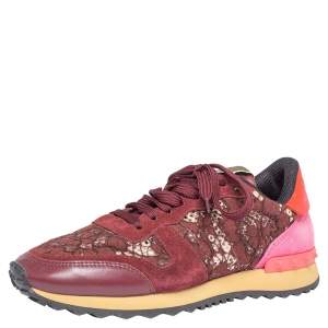 Valentino Maroon Suede and Macramé Lace Rockrunner Sneakers Size 38