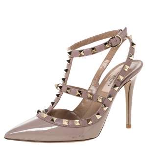 Pre Owned Valentino Beige Patent Leather Rockstud Strappy Pointed Toe Sandals Size 37.5