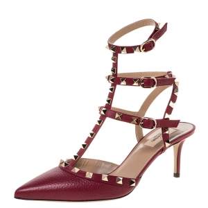 Pre Owned Valentino Burgundy Leather Caged Rockstud Ankle Strap Sandals Size 40