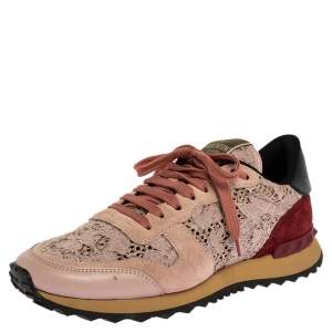 Pre Owned Valentino Slate Pink Lace and Suede Rockrunner Sneakers Size 39