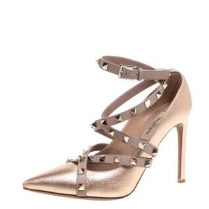 Pre Owned Valentino Metallic Beige Leather Studded Strappy Pointed Toe Pumps Size 37.5