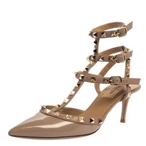Pre Owned Valentino Beige Patent Leather Rockstud Ankle Strap Sandals Size 38