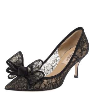 Pre Owned Valentino Black Floral Lace Couture Bow Pointed Toe Pumps Size 35