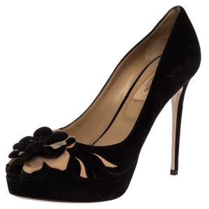Pre Owned Valentino Black Suede Flower Embellished Peep Toe Platform Pumps Size 37.5