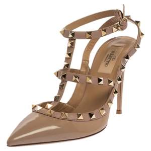 Pre Owned Valentino Beige Patent Leather Rockstud Ankle Strap Sandals Size 38