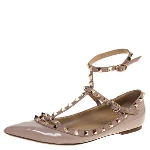 Pre Owned Valentino Beige Patent Leather Rockstud Ankle Strap Ballet Flats Size 40