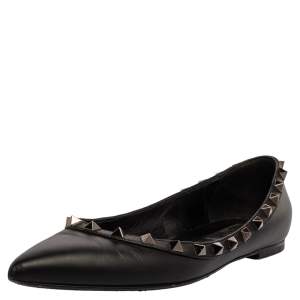 Pre Owned Valentino Black Leather Rockstud Pointed Toe Ballet Flats Size 37
