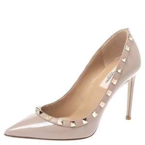 Pre Owned Valentino Beige Patent Leather Rockstud Pointed Toe Pumps Size 38