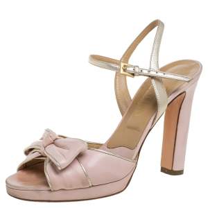 Pre Owned Valentino Blush Pink Leather Bow Slingback Ankle Strap Sandals Size 37