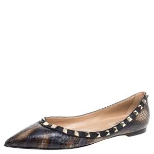 Pre Owned Valentino Black/Brown Python Leather Rockstud Ballet Flats Size 38.5