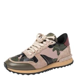 Pre Owned Valentino Multicolor Suede And Leather Camouflage Rockrunner Low Top Sneakers Size 37.5
