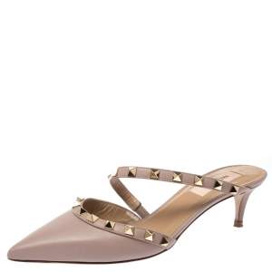 Pre Owned Valentino Beige Leather Rockstud Pointed Toe Mules Size 37