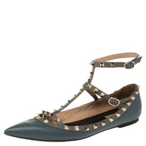 Pre Owned Valentino Blue Leather Rockstud Ankle Strap Pointed Toe Flats Size 41