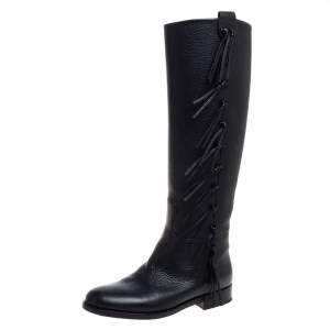 Pre Owned Valentino Black Leather Fringe Detail Knee Length Boots Size 36
