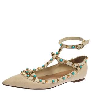 Pre Owned Valentino White Leather Rolling Rockstud Ankle Strap Ballet Flats Size 37