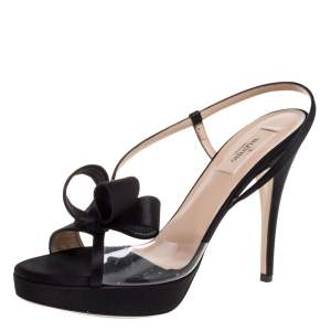 Valentino Black Satin And PVC Bow Open Toe Slingback Sandals Size 39.5