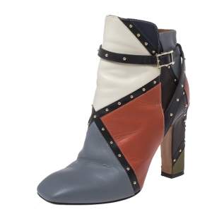 Pre Owned Valentino Multicolor Studded Paneled Leather Ankle Boots Size 37